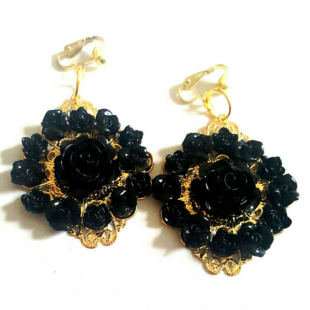 2" Gold Plated Black Rose Clip-on Earrings